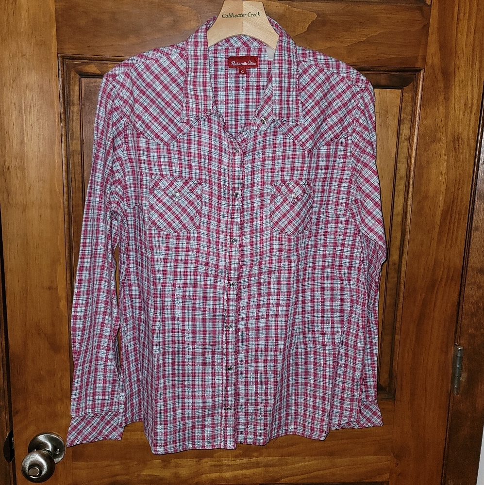 *SOLD* Panhandle Slim, Women's, Red Plaid/Silver Thread, Snap Closure, Size XL